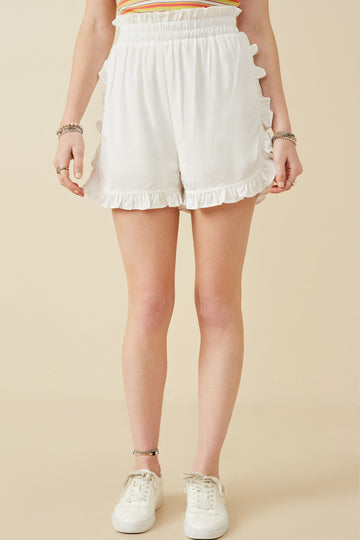 HY6846 OFF WHITE Womens Ruffle Trimmed Elastic Waist Soft Shorts Front